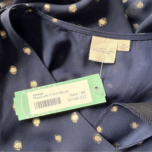 Stitch Fix Kaileigh Navy Blue & Gold Polka Dot V Neck Blouse - Picture 6 of 6
